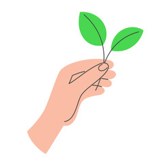 Hand Holding Green Twig with Leaves. Earth Day Concept and Eco-Friendly Message in Flat Style