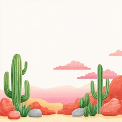 Pastel Pink Desert Sunset with Cacti and Rocks Illustration