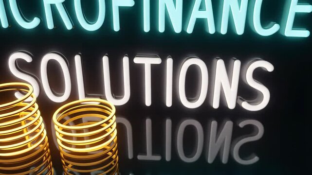 Neon lights display Microfinance Solutions with glowing coils representing growth and financial assistance rendered on dark backdrop.