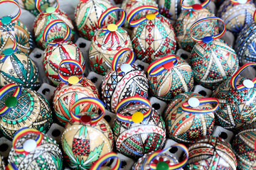 Easter eggs decorated with traditional Romanian motifs from Bucovina and Maramures are presented at a fair of traditions and customs.