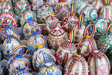 Easter eggs decorated with traditional Romanian motifs from Bucovina and Maramures are presented at a fair of traditions and customs.