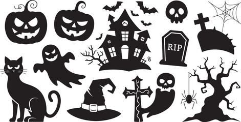 Obraz premium Happy Halloween set of black silhouette vector illustration isolated On Transparent Background