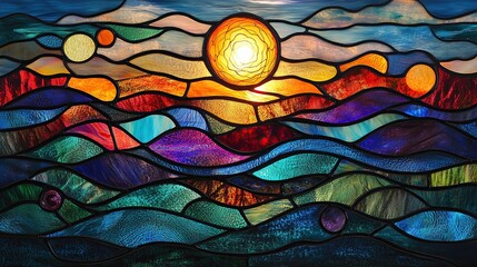 Obraz premium Colorful Stained Glass Sunset over Ocean Waves, Abstract Vibrant Seascape Art, Vibrant wave glass art