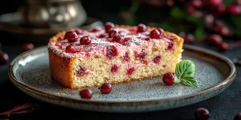 Delicious cranberry cake served on a rustic plate with mint garnish and dark background