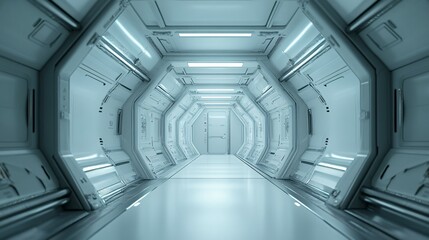 Obraz premium Futuristic corridor interior with geometric shapes and blue lighting creates a sterile environment.