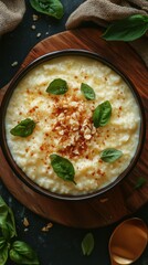 Creamy risotto enriched with herbs and nuts, served in a rustic bowl on a wooden board