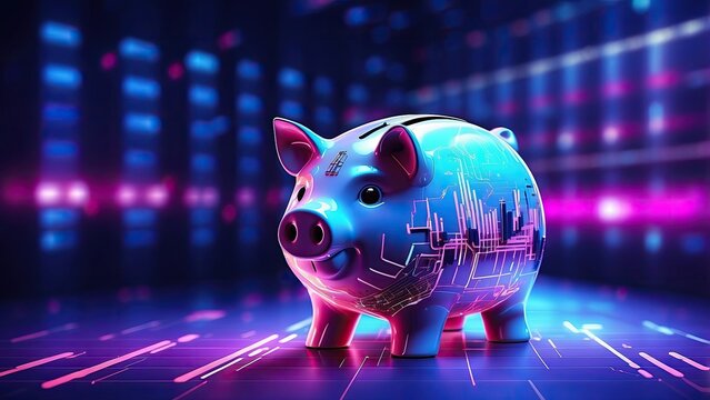 A glowing, digital-style piggy bank with binary code patterns on its surface