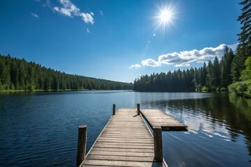 Tranquil lake scene under a bright summer sun, a wooden dock extends invitingly into the still water, surrounded by lush green forests reflecting peacefully.