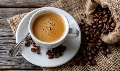 Espresso in white cup, coffee beans
