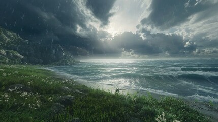 Dramatic Seascape: Coastal Storm with Sun Rays