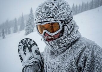 young man with snowboard in winter hats