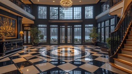 Fototapeta premium Grand Mansion Entrance: Opulent Foyer with Checkered Floor and Lake View