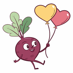 Cute Beet Skipping with Heart-Shaped Balloons – Adorable and Playful Vegetable Vector Design