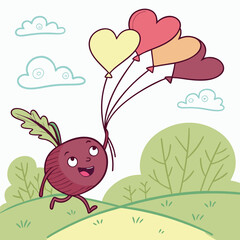 Cute Beet Skipping with Heart-Shaped Balloons – Adorable and Playful Vegetable Vector Design