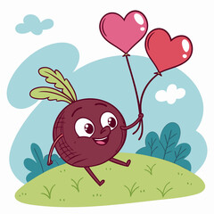 Cute Beet Skipping with Heart-Shaped Balloons – Adorable and Playful Vegetable Vector Design