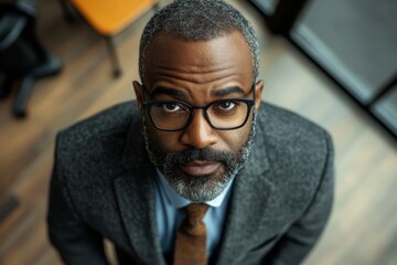 Obraz premium wide angle above portrait of a Middle aged african american businessman looking at camera in office