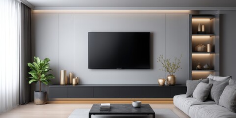 Contemporary living room showcasing minimalist design with a large tv on the wall creating a welcoming atmosphere