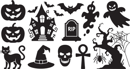 Obraz premium Happy Halloween set of black silhouette vector illustration isolated On Transparent Background