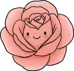 Simple Watercolor Cartoon Rose with Rounded Petals and Smiling Face	