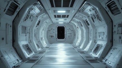Obraz premium Interior view of a futuristic corridor with bright lights and a dark end.
