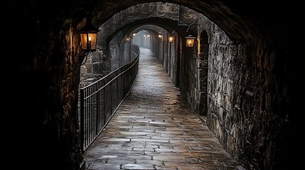 An ancient, ominous castle, a view from the inside, corridor is narrow and extends into the distance, with a faint light at the end, creating a mysterious and somewhat eerie atmosphere. 
