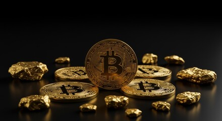 Digital Currency with Gold Nuggets on Black Surface