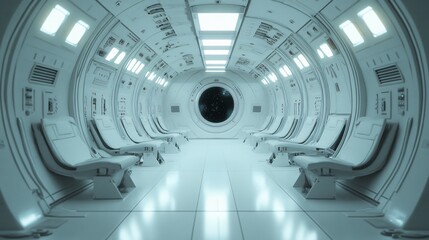 Interior view of a futuristic spaceship corridor with seats and bright lighting.