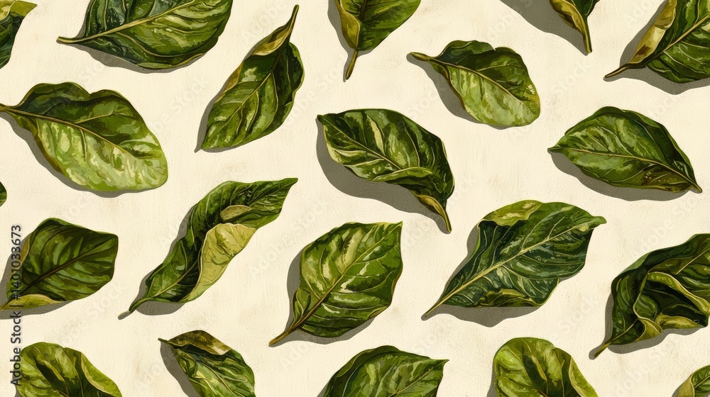 Poster Close up of many green leaves on a white background. The leaves are all different sizes and shapes, but they all have a similar color and texture