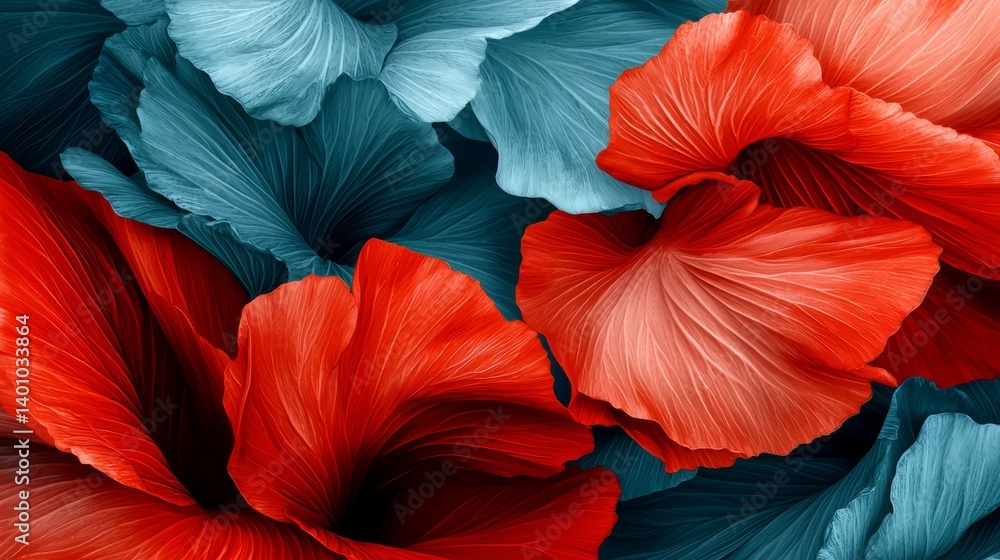 Poster Close up of red and blue flowers. The flowers are arranged in a way that they look like they are overlapping each other. The colors of the flowers create a sense of harmony and balance