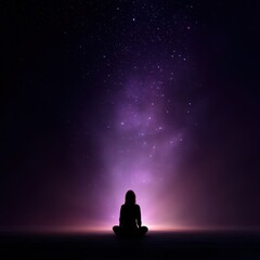 Woman sitting on the floor meditating under a starlit sky surrounded by glowing fireflies creating a peaceful scene