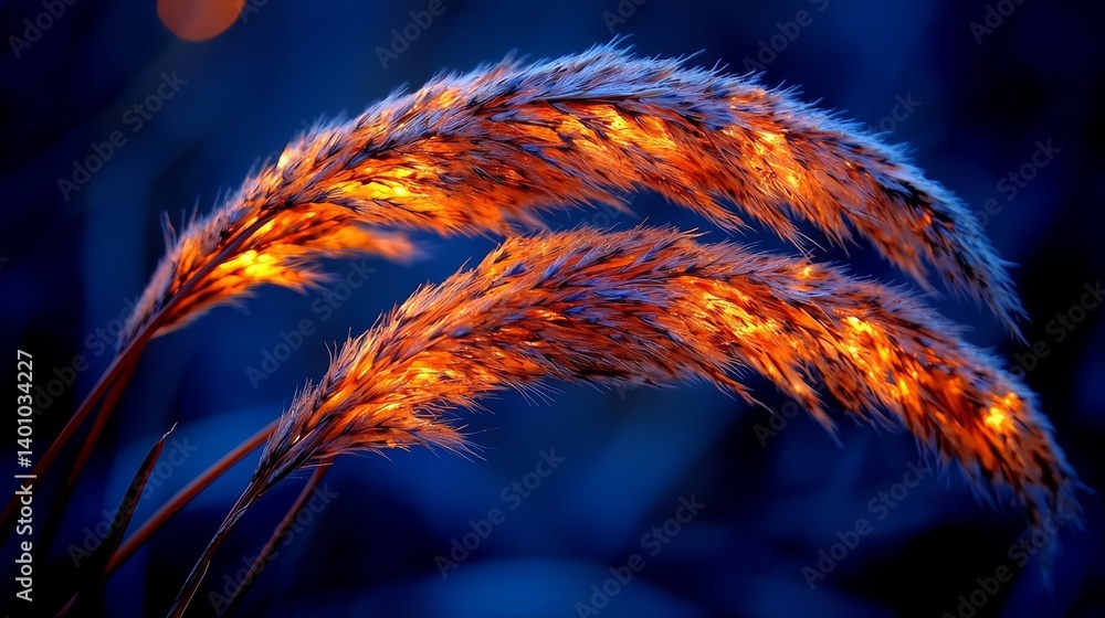 Aufkleber Close up of three dried up grass stems with a warm orange glow. The stems are arranged in a way that they appear to be leaning on each other, creating a sense of unity and harmony
