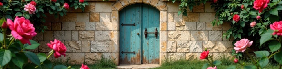 Aged wooden door, climbing roses, limestone walls , roses, english