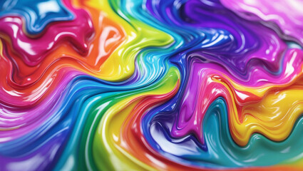 Obraz premium A vibrant, swirling explosion of rainbow hues, a captivating dance of colors creating a mesmerizing liquid dreamscape with glossy, smooth textures.
