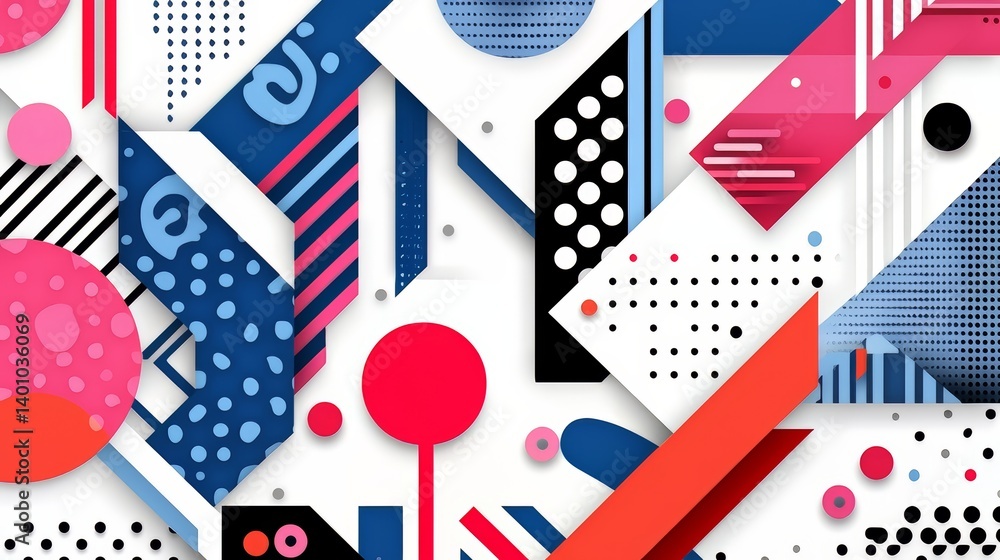 Poster colorful abstract design with red, blue, and white shapes. the design is full of dots and circles, a