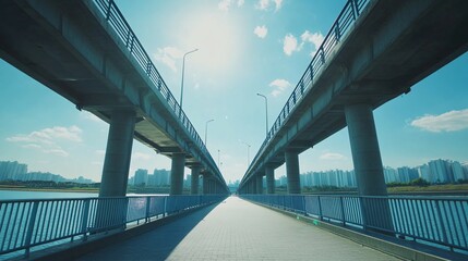 Fototapeta premium Two parallel bridges over water with a city skyline and blue sky.