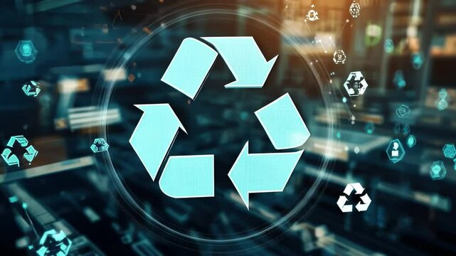 Recycling process visualized with energy flow arrows, AI-powered waste management, futuristic circular economy representation