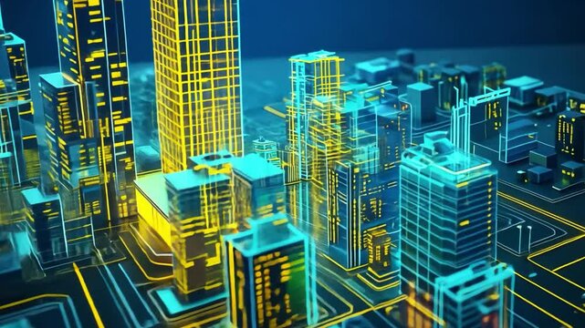Net-zero carbon smart city with futuristic glow and data visualization, AI-optimized urban sustainability, neon smart-grid architecture