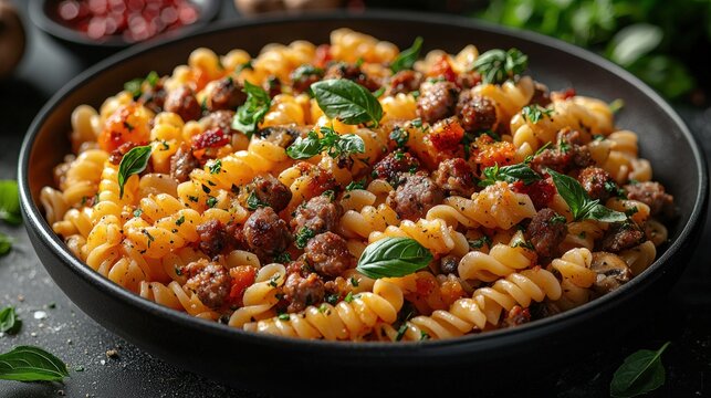 Delicious fettuccine with wildcatso live meat and mushrooms cooked in a pan, perfect for an online restaurant menu on Instagram. The mouth - watering combination of al dente fettuccine.