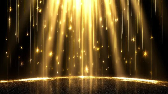 glowing golden beam light sparkles on black background with raining glitter trail