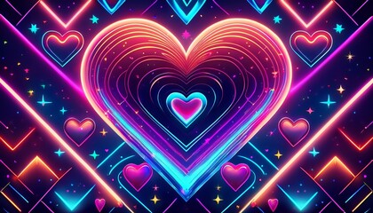 abstract background with neon glowing hearts and stars