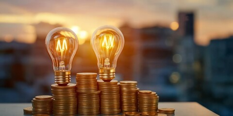 The image vividly portrays numerous light bulbs standing atop stacks of coins, illustrating the rising costs of energy and their significant impact on the overall economy and financial stability