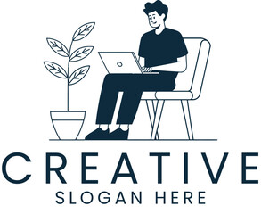 Young Man Working on Laptop Creative Design Minimalist Illustration art home icon logo    