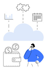 Man contemplating cloud system connecting finance, analytics, calendar, and puzzle logic tools. Ideal for technology, strategy, planning, finance, business cloud service digital innovation