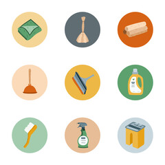Trendy round cover stories icon for social media, blogs, business, branding with squeegee, bucket, spray detergent, plunger clipart. Highlight icons with home care illustration in warm pastel colors.