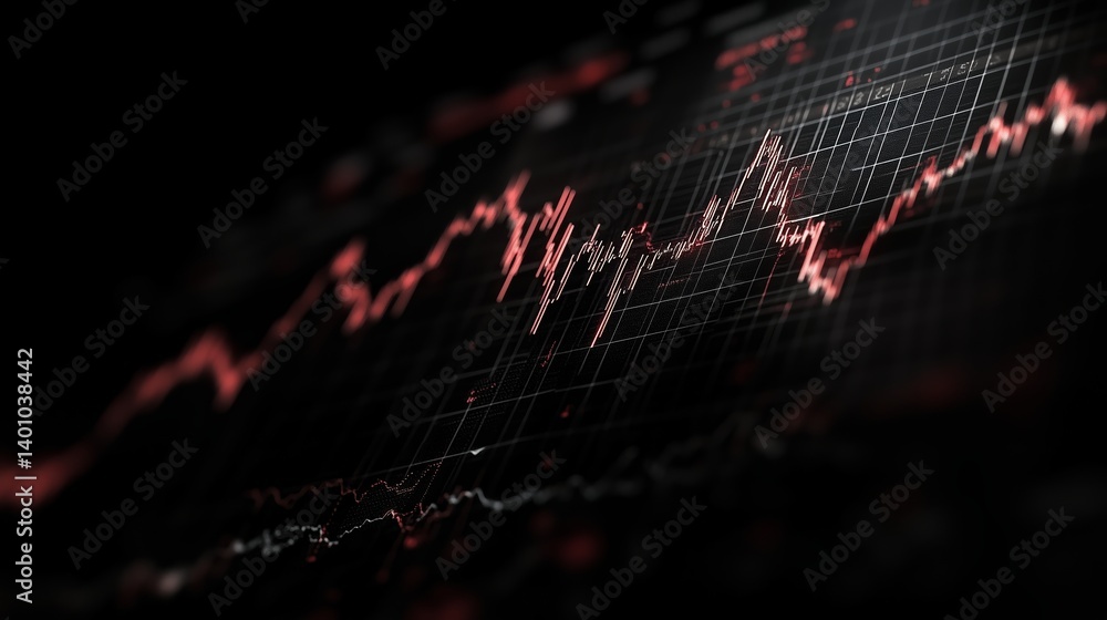 Poster financial market data displayed on a dark screen with fluctuating graphs and lines during trading ho