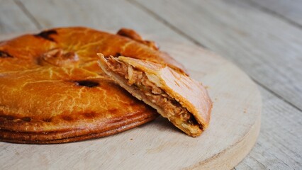 Traditional Galician Empanada with Tuna and Vegetables.