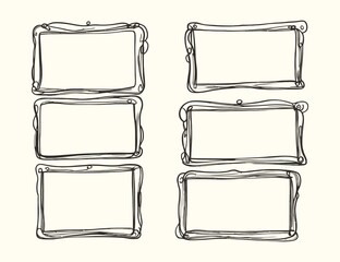 Set of Six Hand Drawn Horizontal Rectangular Frames  Black and White Sketch Doodle Borders with Rough Scribbled Lines Isolated on Light Background
