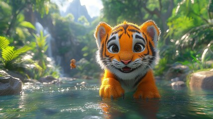 Adorable tiger cub enjoying a refreshing swim in a lush jungle stream