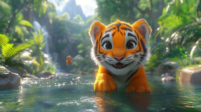 Adorable tiger cub enjoying a refreshing swim in a lush jungle stream