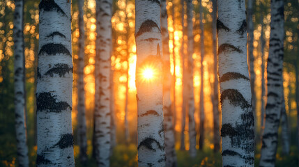 Obraz premium Golden Hour Sunlight Through Birch Tree Forest